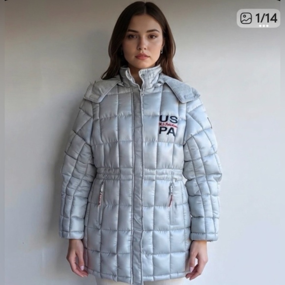 U.S. Polo Assn. Silver Puffer Jacket with Hood and Quilted Design Like New